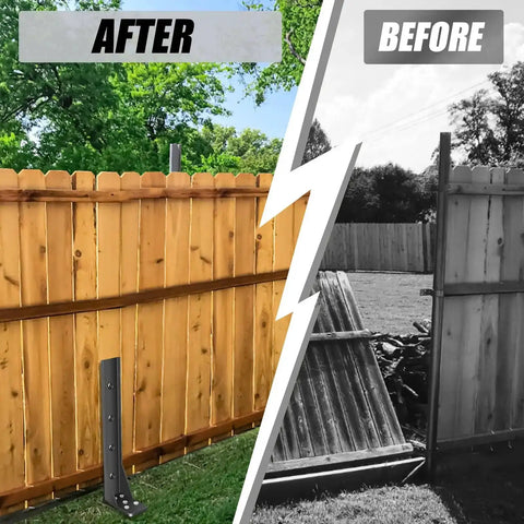 Heavy Duty Fence Post Repair Kit For Wood Posts With Ground Stakes And Post Anchors Before and After Installation
