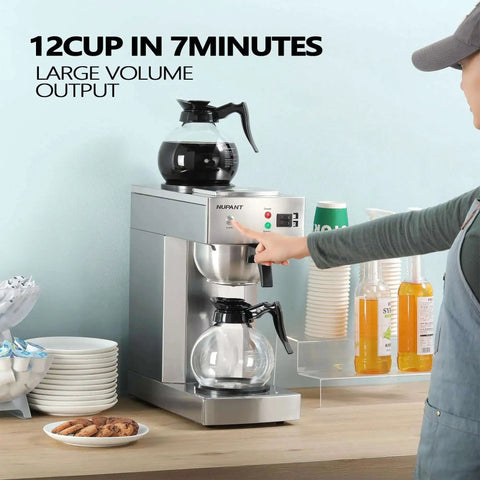 12 Cup Commercial Coffee Maker With Water Line Auto Fill, Stainless Steel Body, Dual Glass Carafes And Two Warmers