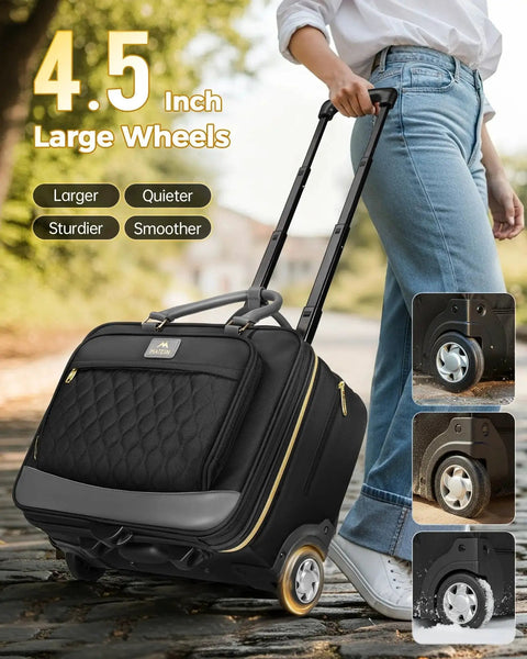 Person pulling Matein Underseat Rolling Briefcase For Travel And Work, Airline Approved Personal Item With Wheels, Fits 17.3 Inch Laptop