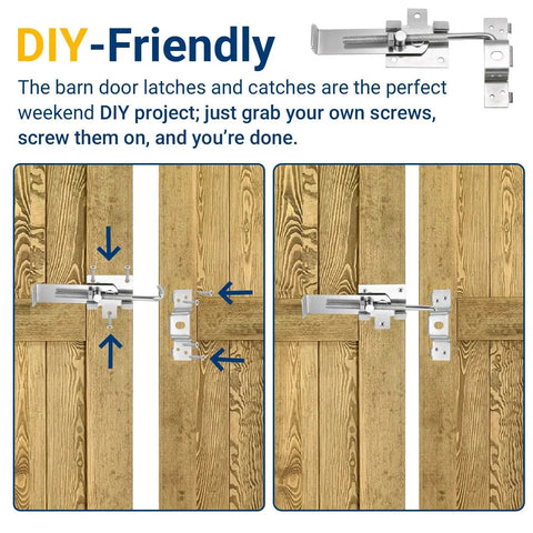 7 Inch Adjustable Barn Door Jamb Latch With Hook For Bi Parting Doors Heavy Duty Locking Latch installed on wooden doors.