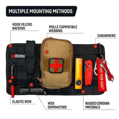 Tech Panel Small 2.5 By 9.5 Inch Universal Vehicle MOLLE Organizer with pouches and clips on durable denier 1000 nylon.