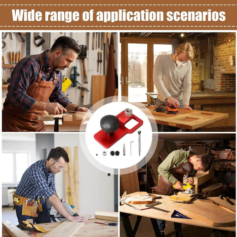 Collage of craftsmen using Pro Grade Vertical Hole Drilling Jig for woodworking projects with boss level precision.