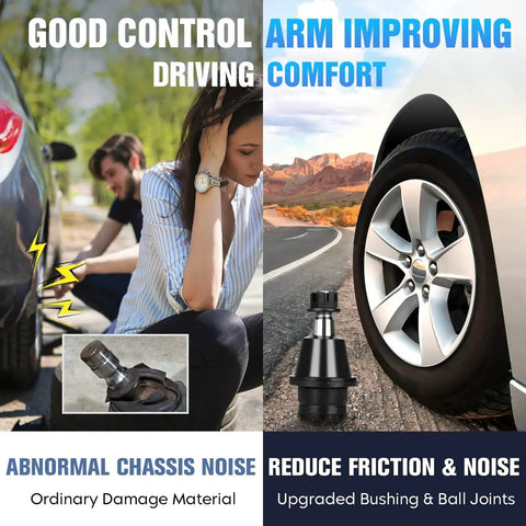 Comparison of control arm components showing noise levels and friction reduction for improved driving.