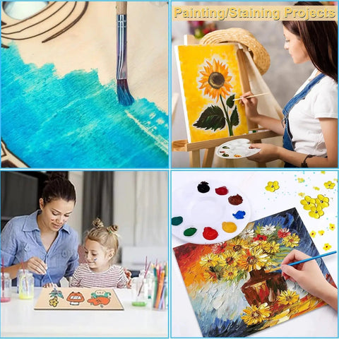 Various painting and staining projects on basswood sheets, showcasing their use in DIY and creative activities.