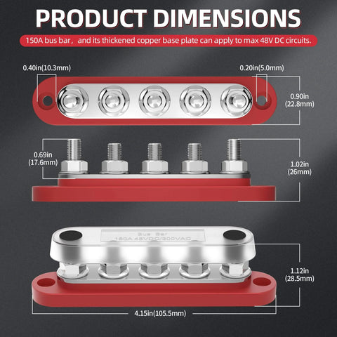 Compact Power Distribution Block With Cover, Five Quarter Inch Studs, Built Tough For Automotive Marine Use, High Current Bus Bar Terminal, 150 Amp, 48V DC 300V AC, Durable Nylon Base, Stainless Studs, Nickel Plated Copper Plate