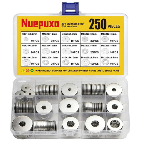 250 Piece Flat Washers Set In 304 Stainless Steel Fender Style 15 Sizes M3 M4 M5 M6 M8 M10 M12 Metric Metal Washers