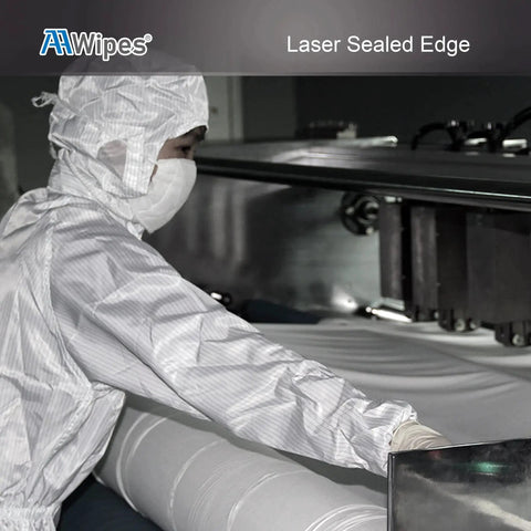 Technician in protective suit working with 4x4 Cleanroom Polyester Wipers 400 Pack Lint Free Cloths Laser Sealed Edges