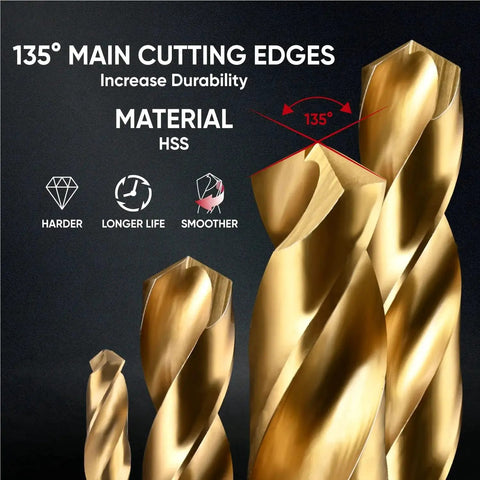 Close-up of HSS titanium drill bits from Versatile Hex Shank Drill Bit Set With 13Pcs Plus 3 Free Pcs Pro Grade 4341 HSS Titanium Impact Bits