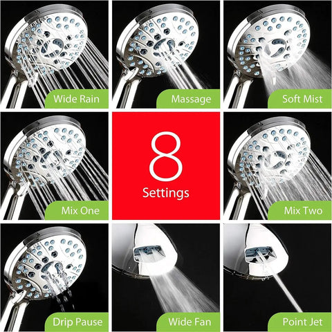 High Pressure 8-Mode Hand Shower With Anti-Clog Nozzles and 6ft Stainless Hose showing various spray settings