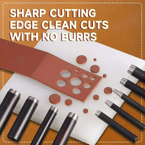 Leather Circle Cutter Set With 10 Round Punch Tools and clean cut holes in leather sample with visible high carbon steel dies.