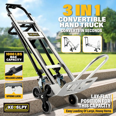3 In 1 Industrial Convertible Hand Truck Dolly Cart with 1000 Lbs Capacity on stairs, aluminum frame
