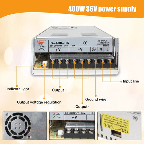 36V DC power supply for 4 Axis Nema 23 Stepper Motor Kit, showing output voltage regulation and input line connections