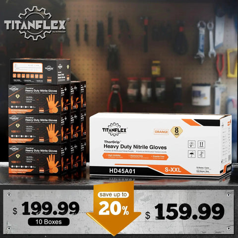 Heavy Duty Orange Nitrile Gloves 8 Mil Powder Free Diamond Grip 1000 Count boxes displayed on workbench in shop