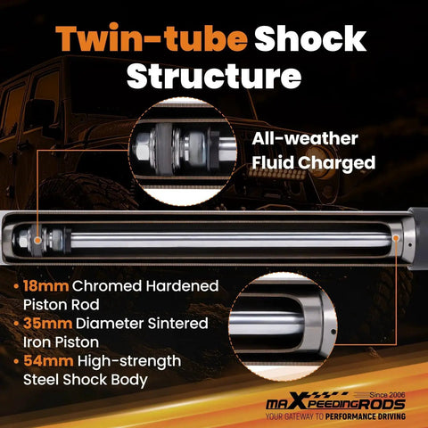 maXpeedingrods dual steering stabilizer for Jeep Wrangler JK; twin-tube shock with chrome piston rod and 54mm steel body