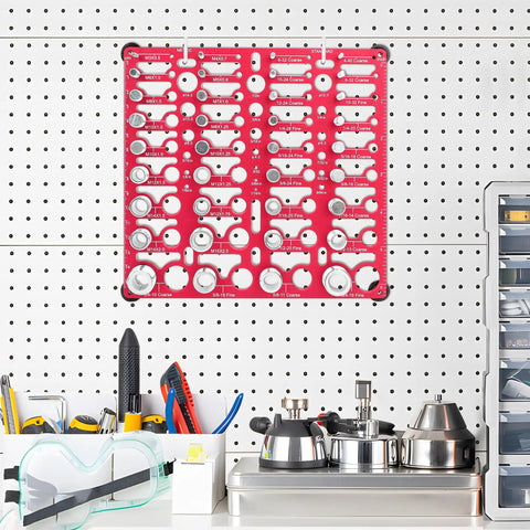 All In One Bolt Thread Checker Gauge Kit For Imperial And Metric Sizes mounted on wall, identifying various thread sizes in red design.