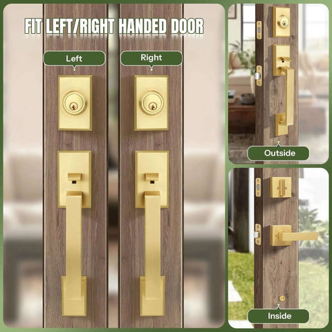 Built Tough Satin Brass Front Door Handle Set With Keys, Heavy Duty Exterior Door Lock And Single Cylinder Deadbolt displayed on wooden door