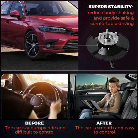 Front and side view of a 2020s Honda Civic and Plug-And-Play Front Steering Knuckle Wheel Bearing Hub Assembly For Honda Civic 2012 2013 2014 2015 2016 1.8L Left Driver Side Replacement Part 51216-TR3-Y00 51216-TR0-A00 Direct Fit OEM-Grade
