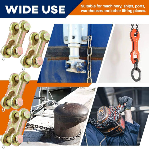 3/8 Inch Twin Clevis Links Pack Of 4 Alloy Steel Chain Repair Links for Safety Chains shown securing various loads and chains.