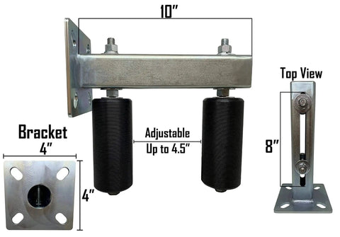 Adjustable Slide Gate Guide Rollers With Upper Bolted Bracket Mount 6 Inch Black UHMW Nylon Ball Bearing Guiders shown with measurements