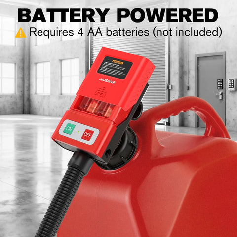 Battery Powered Fuel Transfer Pump With Auto Stop, 3.8 GPM, 71 Inch Hose, Includes 4 Adapters For Gasoline, Diesel, Kerosene, Easy Spill Free Liquid Transfer For Home Garage Or Outdoor Use shown installed on a red fuel can in a garage.