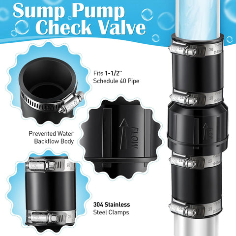 Sump pump check valve kit with 4 stainless steel clamps for 1-1/2 in and 1-1/4 in pipe