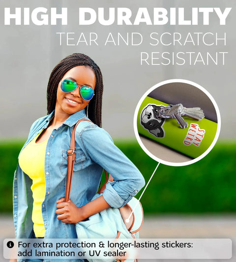 Woman holding backpack next to close-up of tear-resistant vinyl sticker with text overlay, showcasing Premium Printable Vinyl Sticker Paper For Inkjet And Laser Printers White Glossy Waterproof 8.5 By 11 Self Adhesive Fast Dry Ink Ready Durable Sticker Paper For Cutting Machines And DIY Decals And Crafts.