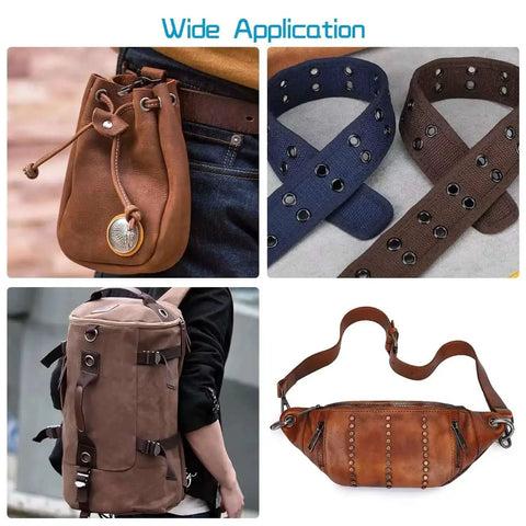 Various applications showcasing Eyelet Kit With 110 Sets In Black And Silver, includes belts and bags with quarter inch grommets.