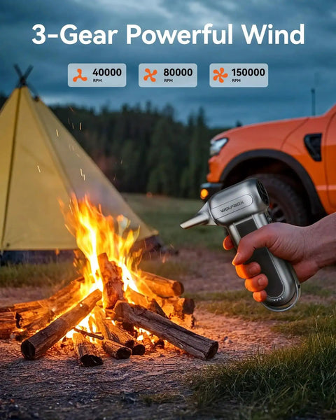 Using the MegaFlow100 Cordless Electric Air Duster With 150000 RPM Turbo Power Brushless Motor to stoke a campfire.