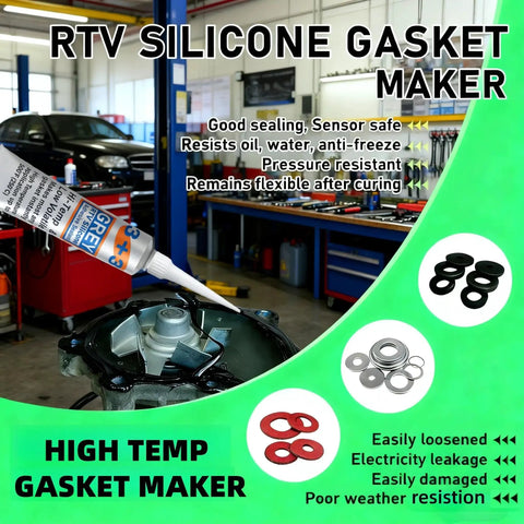 RTV Silicone Gasket Maker High Temp 590F Oil Resistant Black applied to engine component in automotive workshop