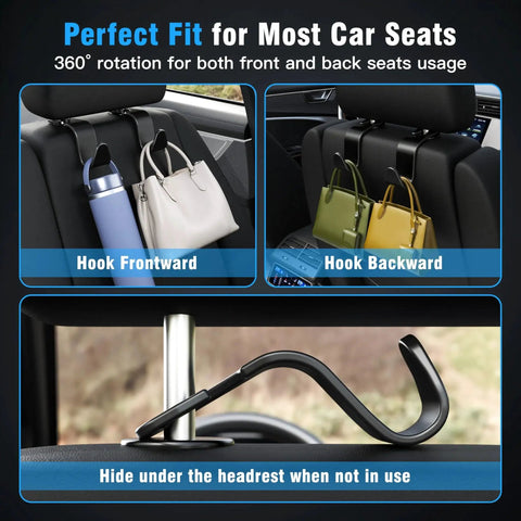 Car Seat Headrest Hooks 4 Pack Universal Hanger Organizer For Purse And Coat shown in use on car seats, black plastic