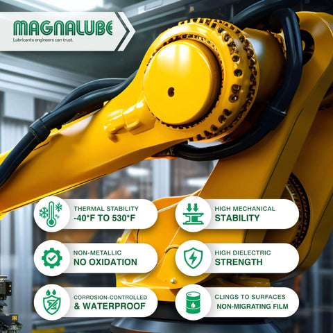 Industrial robot arm with product features overlay, showcasing All Purpose PTFE Grease For Mechanics And Heavy Duty Jobs.