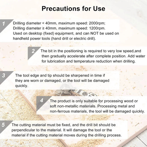 Precautions for use instructions for Forstner Drill Bit 16mm Tungsten Carbide Wood Hole Cutter.