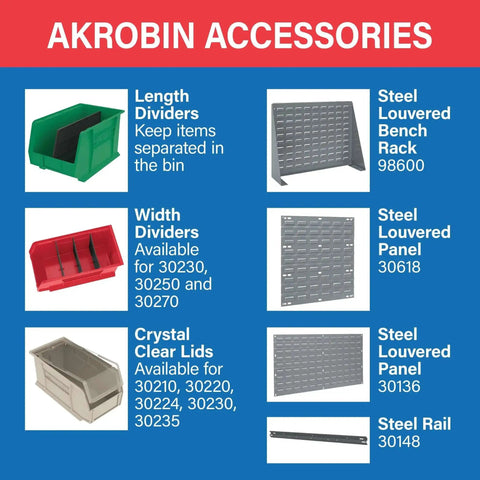 Akrobin accessories including green length dividers, red width dividers, clear lids, and steel louvered panels and rack.