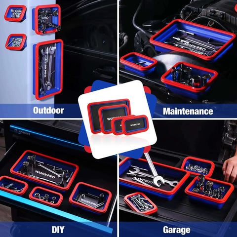 Four Piece Collapsible Magnetic Parts Tray Set With Dual Sided Magnets for screws and bolts in garage or outdoor use