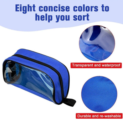 Blue pouch from Eight Color First Aid Bags Set for Home Outdoor and Travel Use, with transparent window, showcasing durability and waterproof feature.