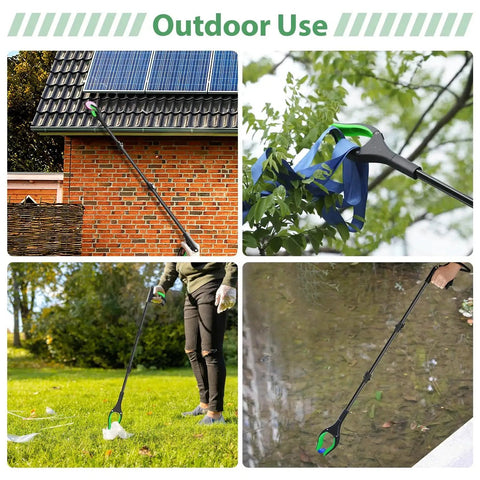 Four uses of the 52-Inch Extra Long Grabber Reacher Tool With Foldable Design VerdiNex Magnetic Pickup And 360 Degree Rotating Anti-Slip Jaw For Indoor And Outdoor Use, Heavy-Duty Trash Picker Upper With Extended Reach.