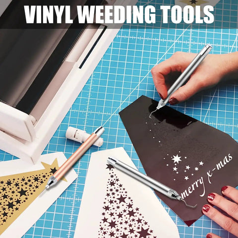 Two Pack LED Weeding Tools For Vinyl With Light Pin And Hook Lighted Weeding Pen For Removing Tiny Iron On Vinyl Or Paper Silhouette Details Pro Grade Precision Weeding On All Cutting Machines Rose Gold And Silver shown in use on vinyl projects.