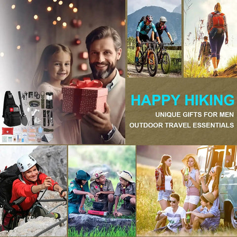 Collage of outdoor activities and gift giving with a 251 Piece Emergency Survival Kit With Crossbody Bag for adventures and emergencies
