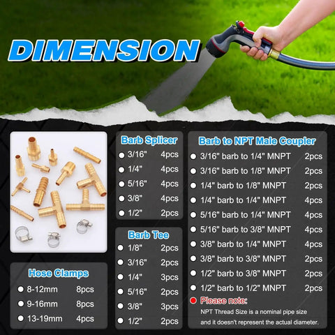 Dimensions and sizes of Brass Hose Barb Fittings Kit For Air Water And Fuel Lines KOOTANS 80 Piece Barbed Fittings Set.