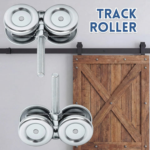 Two Pack Barn Door Roller Trolleys With Beefy Four Wheel Heavy Duty Assembly for sliding barn doors on rails, shown with installation.