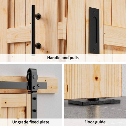 Close-up of 84 Inch Bifold Barn Door With 90 Inch Hardware Kit Included, handle, fixed plate, and floor guide details.
