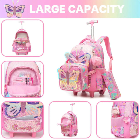 Rolling Backpack With Wheels For Girls 3 In 1 Travel Luggage Set Includes Lunch Box And Pencil Case Perfect For School And Sleepovers