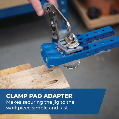 Pocket Hole Jig 320 with Classic Two Inch Face Clamp in use on wood, adjustable drill guides visible, securing clamp pad adapter