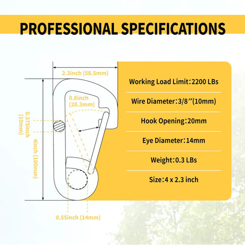 Diagram of Heavy Duty Marine Grade Snap Hooks 2 Pack With Eye 316 Stainless Steel Carabiners For Boat Yacht Sailing Three Eighths Inch 2200 LBS Working Load Per Hook By RiaYer with dimensions and specifications.