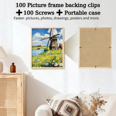Gunmetal Picture Frame Turn Button Fasteners Set With 100 Backing Clips And 100 Screws For Hanging Photos Artwork And Drawings Durable Frame Hardware Kit For No Fuss Install By PinCute displayed on wall with frames