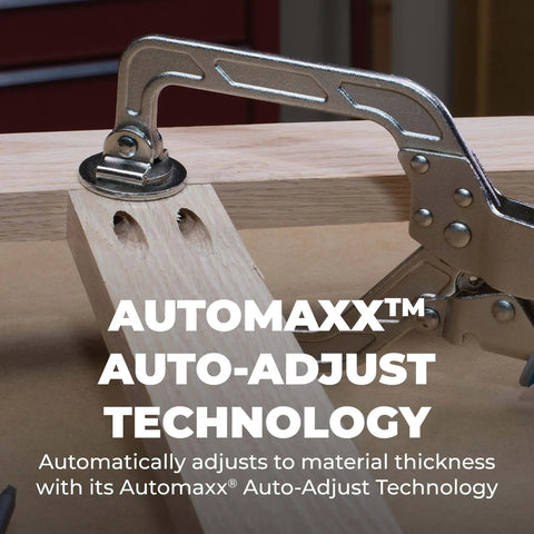 Automaxx Auto-Adjust Clamp Pressure Technology Wood Project Clamp 3 Inch Face Clamp securing wood in workshop.