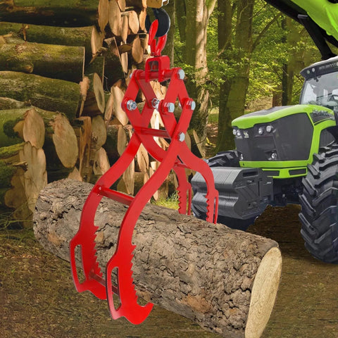 32 Inch Heavy Duty Log Tongs With Serrated Claw Eagle Design lifting log on forest floor next to green tractor