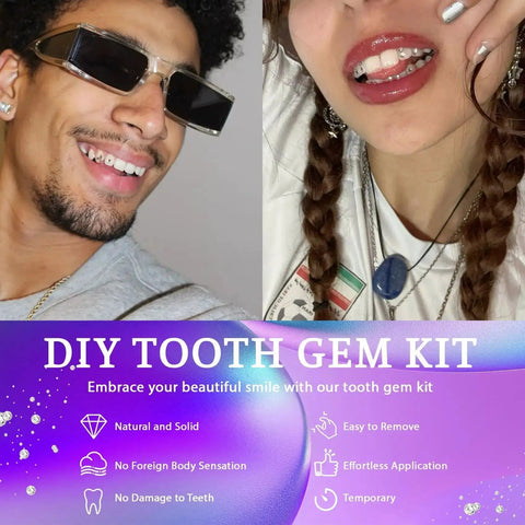 Diy Tooth Gem Kit With Safe Crystals, Teeth Gem Set For Fashionable Smiles, showcasing gem application on smiling individuals.