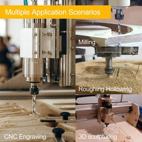 Image showing Downcut Spiral Double Flute CNC Router Bit Set One Eighth Inch Shank Tungsten Carbide End Mills in milling and engraving use.