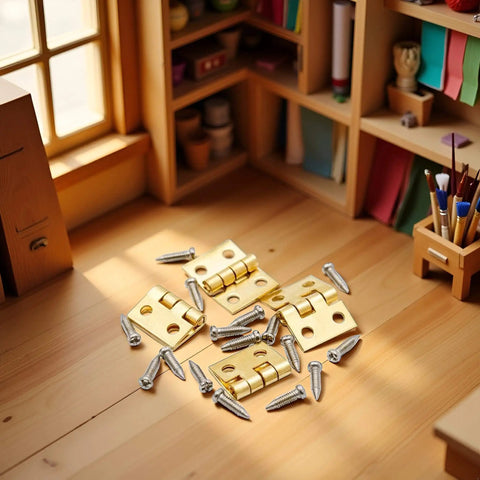 1 Set 1/12 Scale Tiny Dollhouse Door Hinges With 4 Pieces And 16 Screws For Totally Realistic Dollhouse Furniture Doors Cabinets And Diorama Decoration DIY Miniature Hardware on a wooden surface